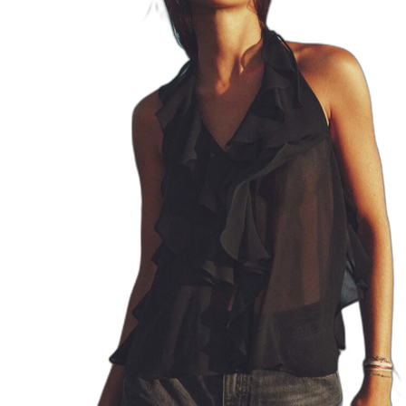 Svart ärmlös blus med volanger