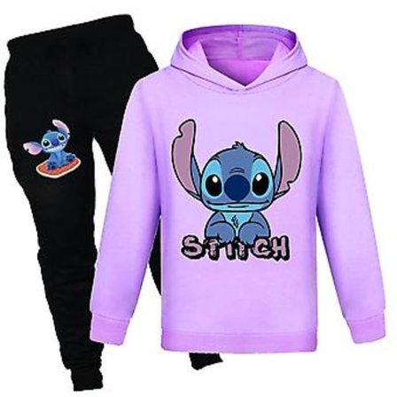 Stitch-trykket treningsdrakt for barn, gutter, jenter, unisex, hettegenser, hettegenser, joggebukse, casual sett, sportsdrakt (13-14 år, lilla)