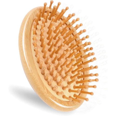 Massasjekam av bambus, hodebunnsmassasje av tre, rund bærbar bambuskam av bambus, antistatisk hårbørste med luftpute