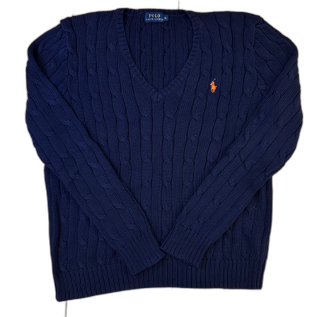 Marinblå kabelstickad Ralph lauren v-neck röd pony logga