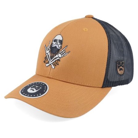 Bearded Man - Brun trucker Keps - Bearded Rockstar Scull Caramel/Black Trucker @ Hatstore