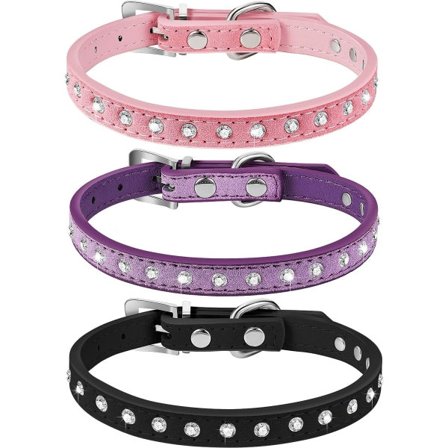 IC 3 stk. strass hundhalsbånd Krystal diamanter Spikes PU læder hundhalsbånd Justerbar Bling kæledyrsudseende (rosa+lilla+sort) 30*1,5 cm