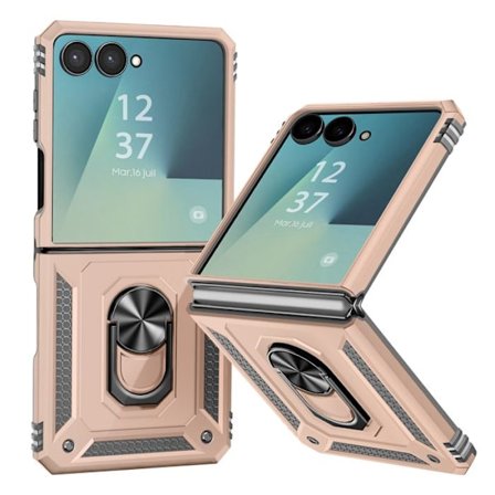 Skydd för Galaxy Z Flip 7 med roterande ring och ställfunktion i roséguld