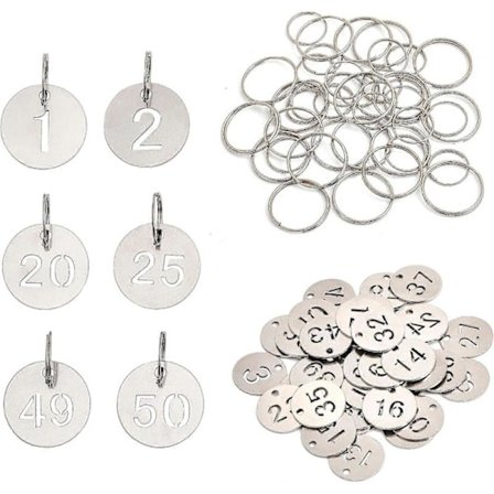 50 stk. Nummerbrikker Rustfritt Stål Metall Runde Nummererte Brikker ID Nummerbrikker Identifikasjonshengende Etiketter med 50 stk. Nøkkelringer (1-50