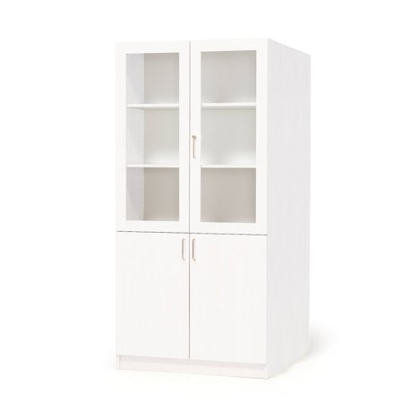 Lagerschrank THEO aus Holz, mit Halbglastüren, 1000x600x2100 mm, weiß