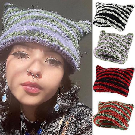 Striped Beanie With Cat Ear Women Contrast Cute Devil Horns Hat Girls Handmade Crochet Winter Warm Ski Cap For Halloween Gift