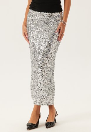 Bubbleroom - Sequin Midi Skirt - Silver - Kläder