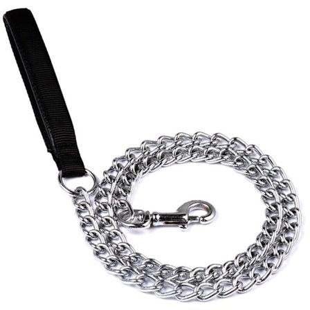 Hunde Kæde 3mmX120cm Stål Kæde Metal Hund Solid PU Læder Håndtag Sølv