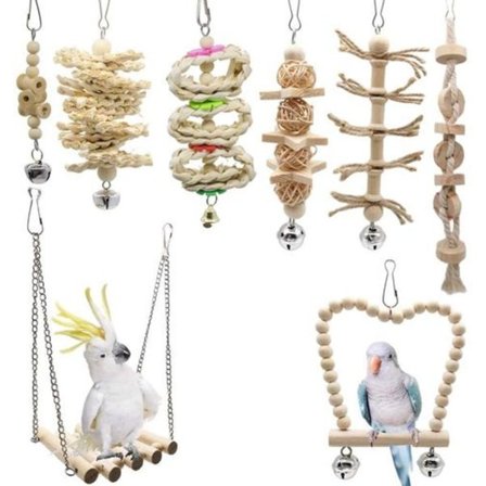 Pakke med 8 fugle papegøje klokke sving legetøj, fugle legetøj, tygge legetøj lavet af naturlige