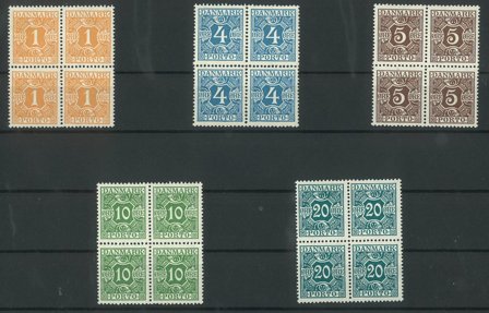Danmark - Lot porto 5 stk. 4-blokke på indstikskort