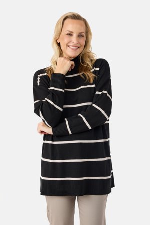 JENSEN - Langærmet Strik - Beige / Sort - Stribet