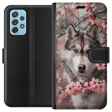 Yhteensopiva Lompakkokotelo Samsung Galaxy A52 5G Husky sinisillä silmillä ympäröitynä vaaleanpunaisilla kirsikkapuun kukilla - elegantti, kaunis ja l