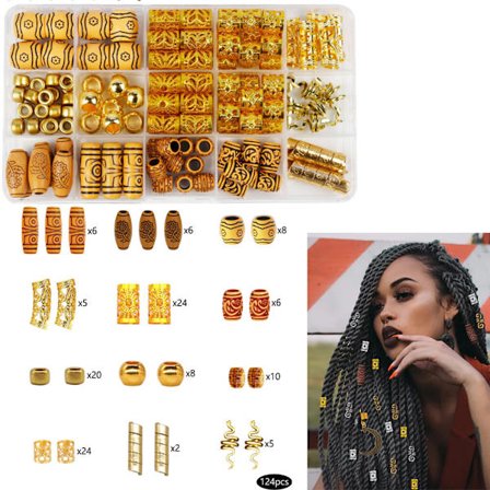 124 stk. hårpynt til fletninger, dreadlocks hårpynt til fletninger