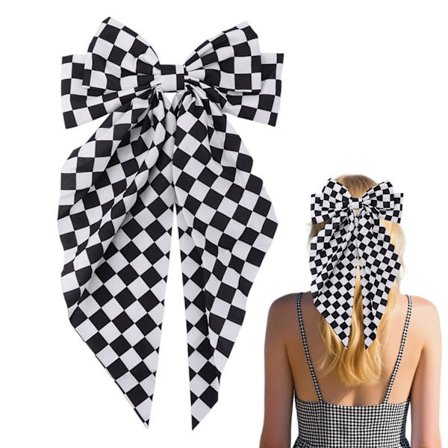 Rutig Hårklämma med Långa Band, Rutiga Hårspännen för Kvinnor Svart Vit Schackrutig Rosett Stor Enkel Klämma Hästsvans Hår