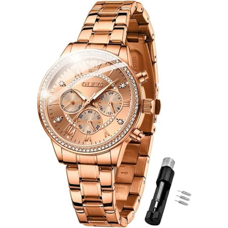 Damklockor, roséguldfärg, mode diamantkronograf, vattentät lysande kvarts rostfritt stål damklockor Reloj para Mujer