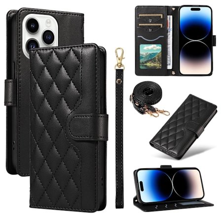 Etui til iPhone 15 Plus Svart + lang og kort snor Mote ins Lommebok med Kortholder Crossbody