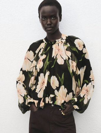 Mango Semi-Transparent Floral Blouse - Black - S