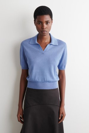 COS Women's Knitted Linen Merino Polo Shirt in Blue