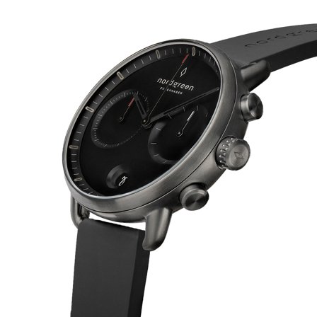 Nordgreen Men's Classic Large Wrist Watch Watch - Silver Case - Black Dial - Black Rubber Nurses Watch Strap Pioneer White Dial Chronograph