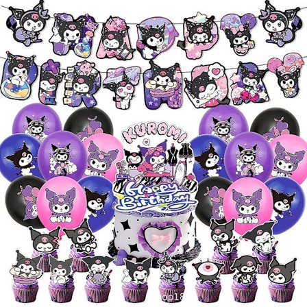 Sanrio Kuromi Barnebursdag Dekorasjoner Sett med Ballonger, Banner, Kaketopper og Tilbehør, D
