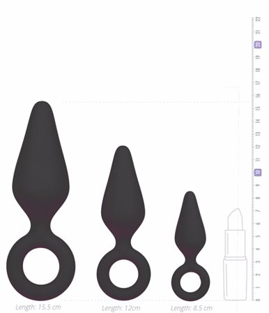BLACK BUTTPLUGS WITH PULL RING - SET MED 3 ANAL PLUGGAR