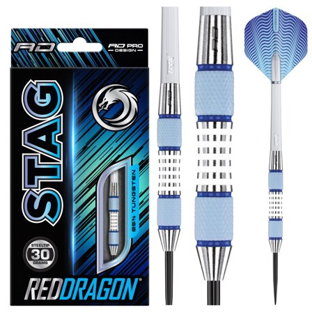 Red Dragon Darts Stag Darts 24-30g - 85% Tungsten Steel Tip Darts - Blue/White/Grey - Professional Darts - Precision Grip - Hardcore Design
