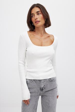 NA-KD Ribbed Knitted Square Neck Top - Strikkede toppe - OffHvid - L (EU 42-44)
