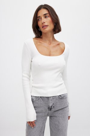 NA-KD - Ribbestrikket topp med firkantet hals - Strikketopper - Offwhite - XL