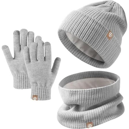 Vinterlue, skjerf og berøringsskjermhansker for barn, 3-i-1, strikket varm lue, vintertilbehørssett for barn utendørs, alder 5-12 Grå