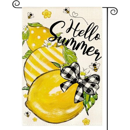Hello Summer Trädgårdsflagga 30x45 cm - Dubbelsidig Citron Bi Rustik Design för Säsongsbetonad Utomhusdekor