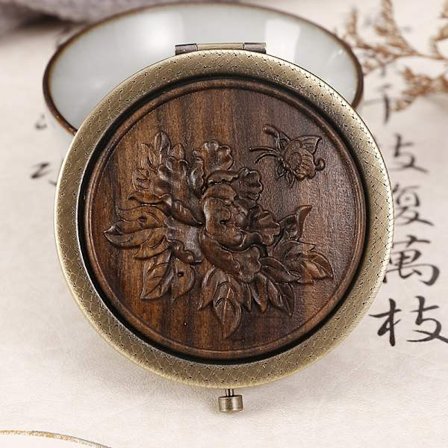 Fick spegel Vintage smink spegel Fällbar trä snideri mönster