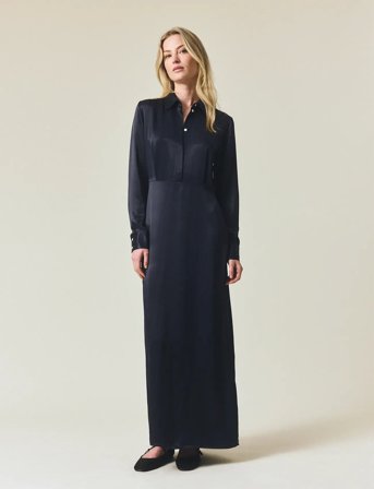 Lexington Clothing Maxi Satin Shirt Dress - Navy - S