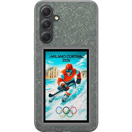 Yhteensopiva Puhelinkuori Samsung Galaxy A55 Curlingkuvitus pelaajilla ja kivillä jäällä, Milano Cortina 2026, lumisia roiskeita ja olympiasormukset