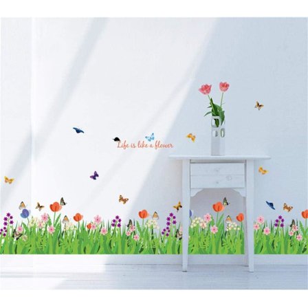 Väggklistermärken Grönt Gräs Blommor med Fjärilar Dekorativt Klistermärke för Hörnvägg Dekor Barnrum Sockel Vardagsrum
