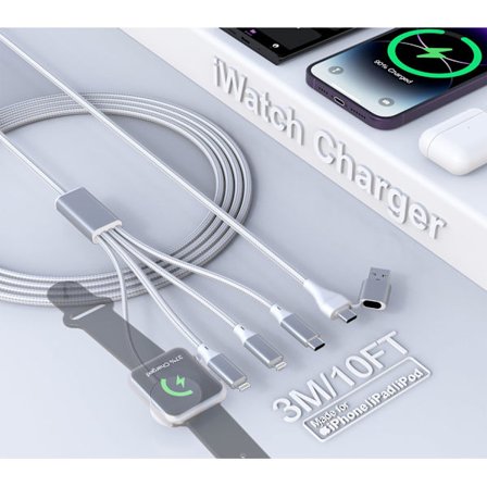 2025 Seneste Model Multiple Opladere Kabel til Apple Watch Oplader - 10FT USB & USB C 2 i 1 Multi Opladerkabel Nylon Rejseoplader til i