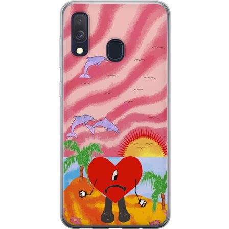 Kompatibel Mobilcover til Samsung Galaxy A40 Bad Bunny i en farverig quiltet jakke med hjertemønster og solbriller i moderne gade stil