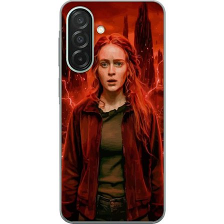 Kompatibelt Mobilskal till Samsung Samsung Galaxy A26 Porträtt av en ung kvinna med rött hår i en apokalyptisk landskap, röda blixtar och mörka k