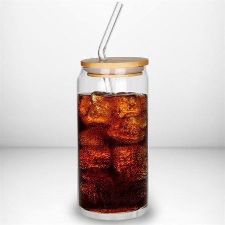 Glaskrus 460 ml med bambuslåg og sugerør – til kolde og varme drikke