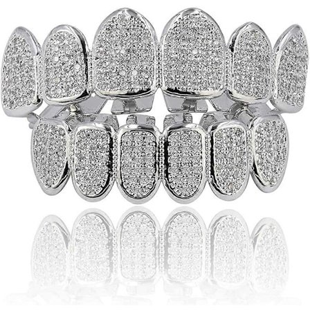 18k Guldbelagt All Iced Out Luksus Cubic Zirconia Ansigt Diamant Guld Tænder Grillz Sæt med Ekstra Støbestænger Inkluderet til Mænd Kvinder (Fww)