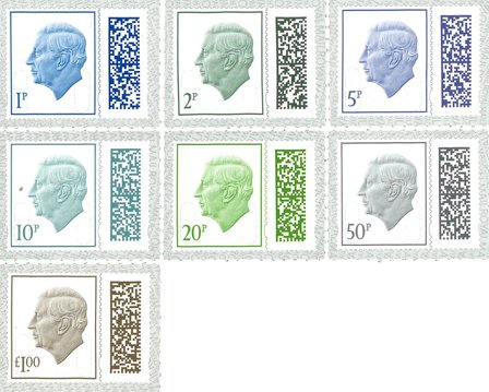 England - Dagligmærker 2023 - Charles III - Med værdiangivelse - Lave værdier - Postfrisk sæt 7v