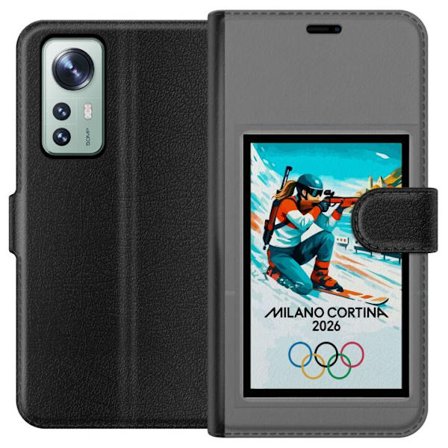 Kompatibelt Lommeboketui til Xiaomi 12 Retroplakat Cortina Milano 2026 med fjell, vintersportsutøvere, italienske trikolor, Milano-katedralen og olymp