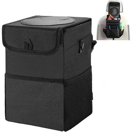 Bilens papperskorg med lock, vattentät bilens papperskorg hängande med förvaringsfickor