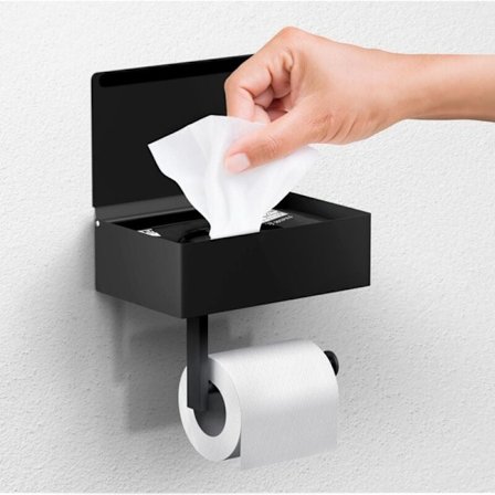 Toalettpapirholder med Hylle - Våtserviettdispenser og Oppbevaring for Alle Baderom - Veggmontert Organizer i Rustfritt Stål - Matt Svart, Stor