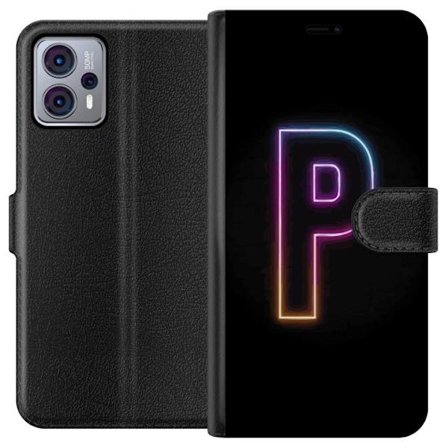 Kompatibel Tegnebogsetui til Motorola Motorola Moto G23 Minimalistisk neonbogstav P i farvegradient og lyseffekt mod sort baggrund i digital neonstil