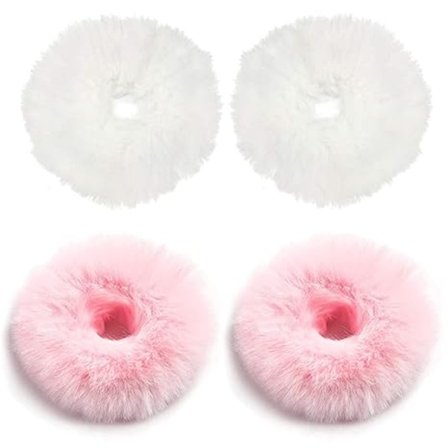 4-pakks lodne hårstrikk med pels, hårbånd, hestehaleholder, lodne hårtilbehør for kvinner og jenter (rosa og hvitt) 8CM