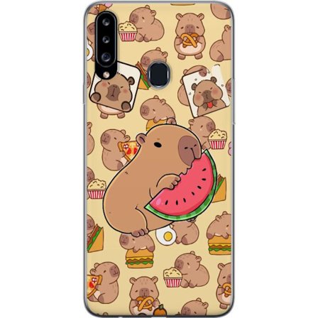 Kompatibelt Mobilskal till Samsung Samsung Galaxy A20s Söt capybaror njuter av vattenmelon pizza och popcorn i en varm och lekfull design som sprider