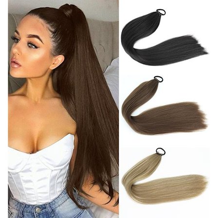 Syntetisk 24 tum lång rak elastisk gummihårring hästsvans Värmebeständig svart brun rak hästsvans hårförlängning