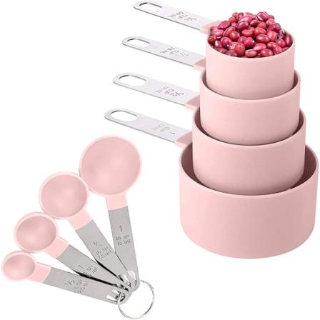 8 deler målekopper og skjeer sett / Nestende målekopper med rustfritt stålhåndtak / for tørre og flytende ingredienser (rosa)