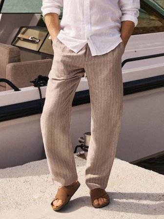Taupe Relaxed Fit Gestreifte Kordelzughose Leinen