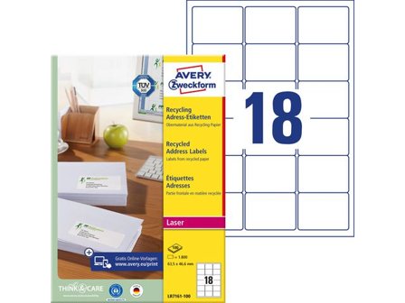 AVERY Etikett återvunnen 63,5x46,6mm 1800/fp - Lyreco - Emballage och lagerutrustning - Etiketter och godsmärkning - Adressetiketter